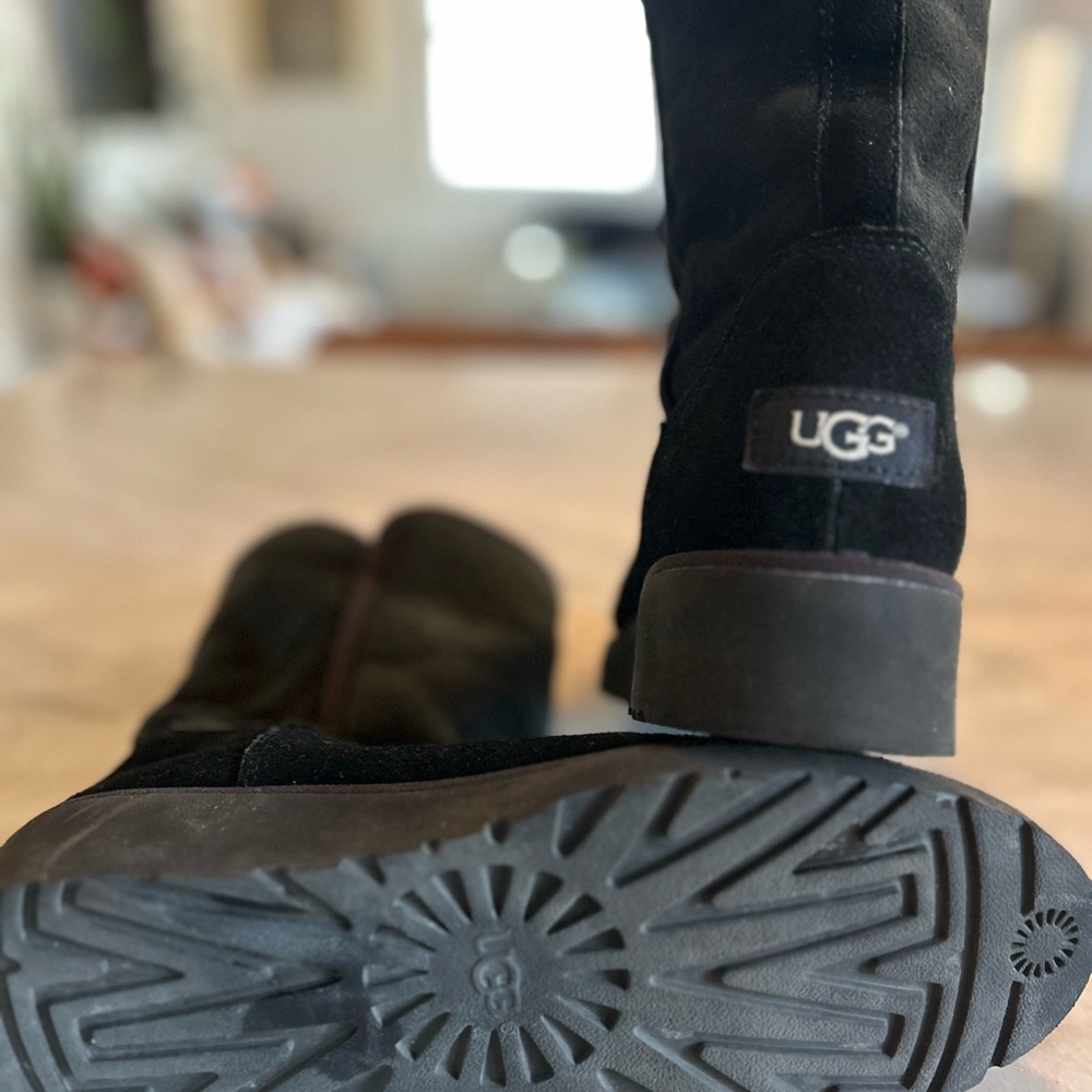 UGG Lynnea Black Suede Shearling Wedge Boots – Women’s Size 8